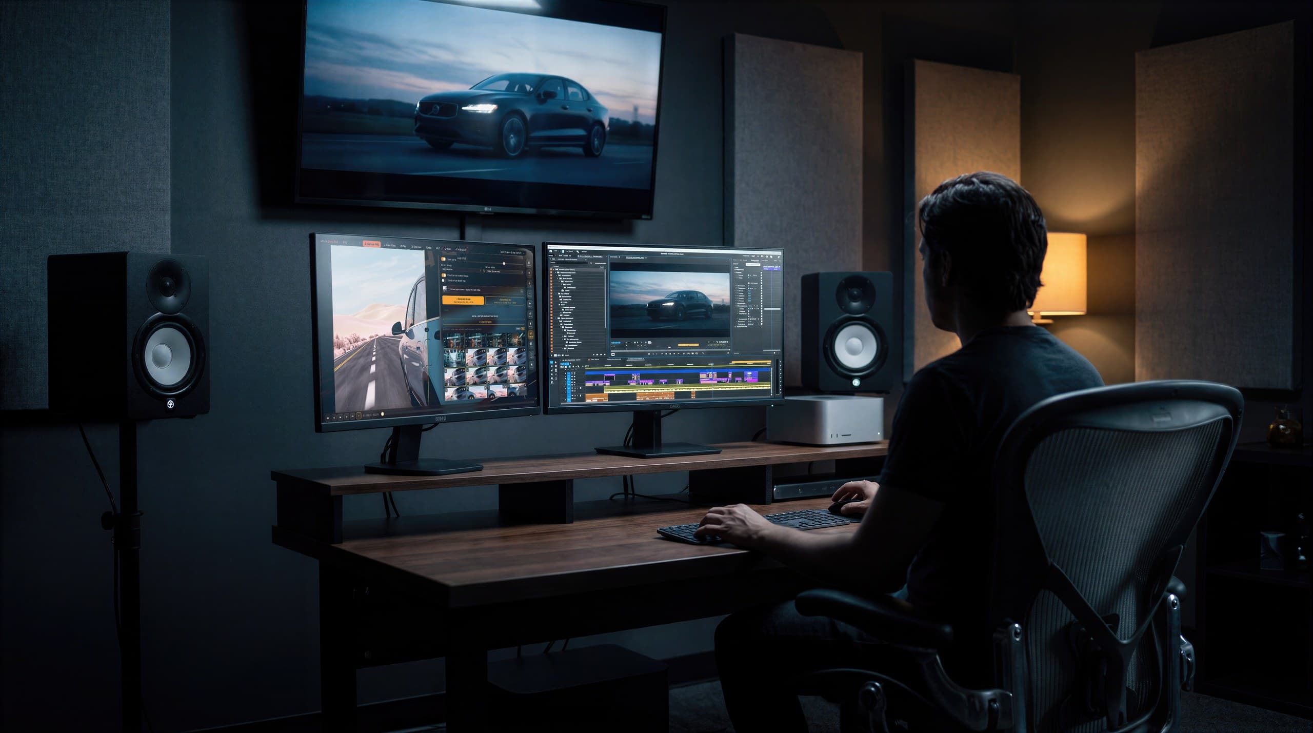 An editor at a two-monitor desk in a dark edit suite, a car commercial on the wall screen above.