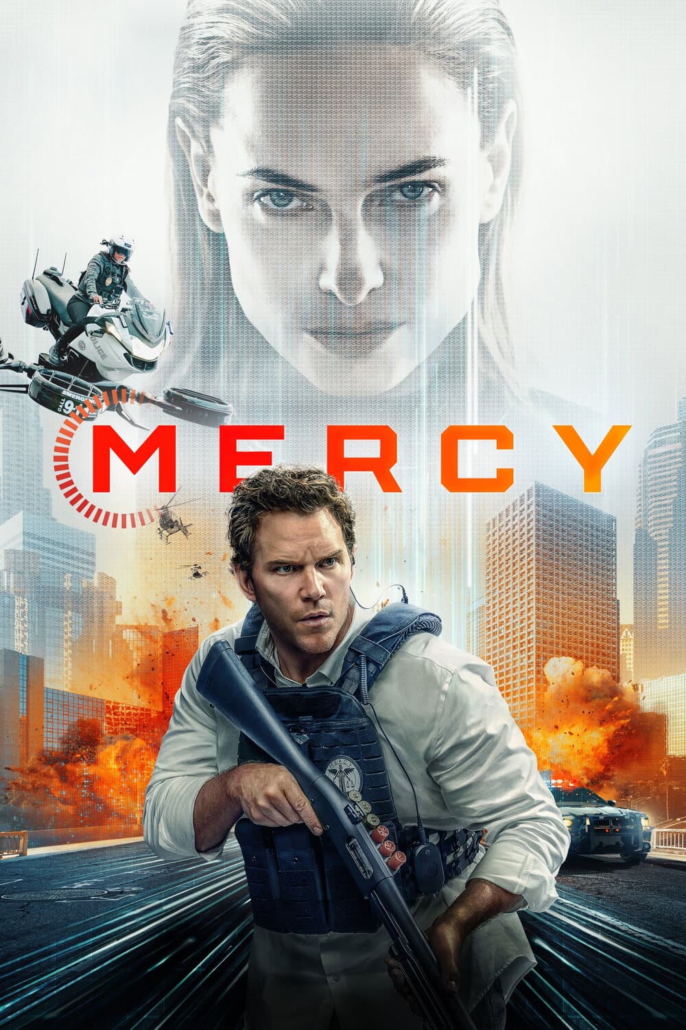 《Mercy》海报:燃烧的洛杉矶上方是 Rebecca Ferguson 的脸,前景中 Chris Pratt 手持武器。