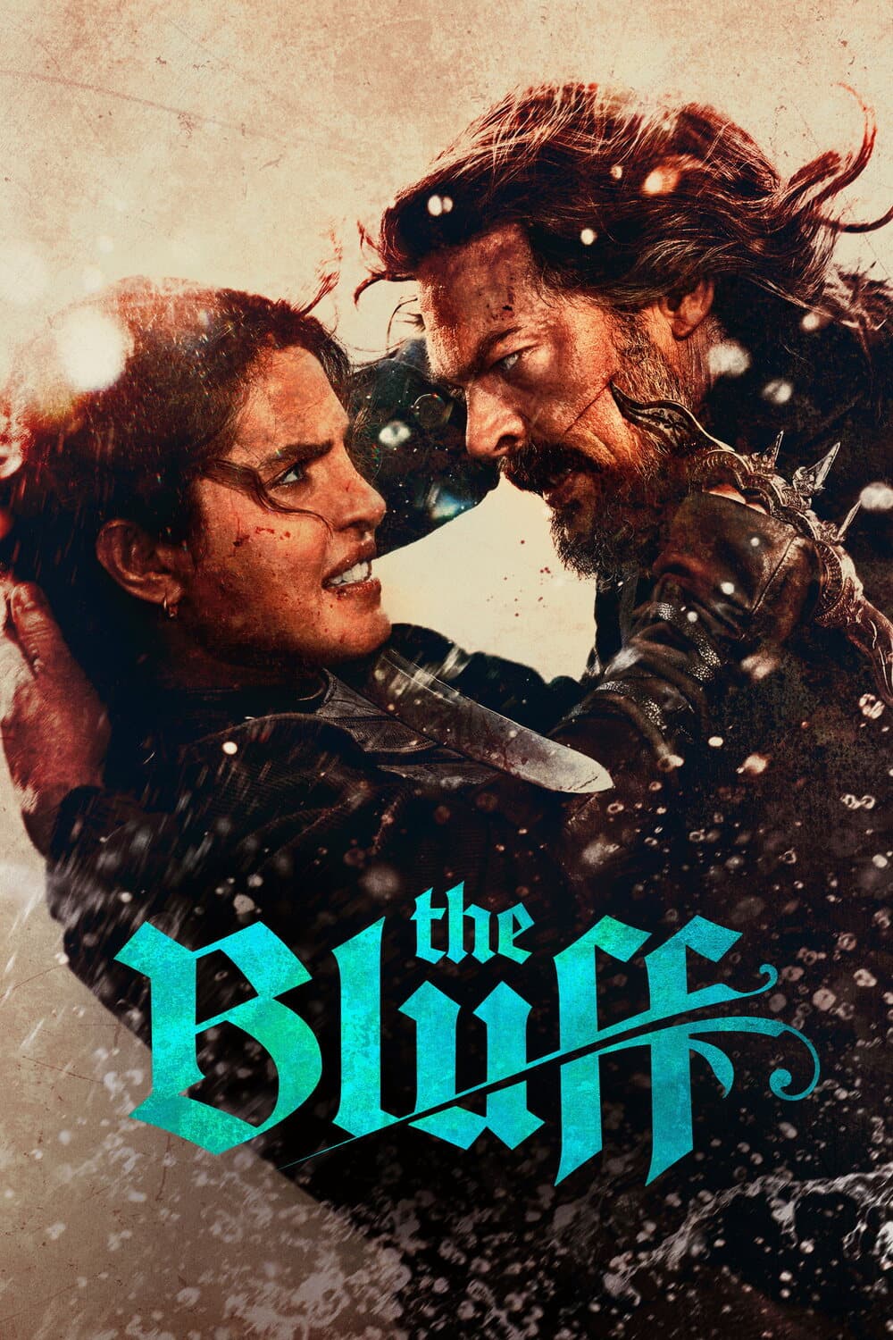 Poster for The Bluff: Priyanka Chopra Jonas and Karl Urban locked in a struggle, spray flying.
