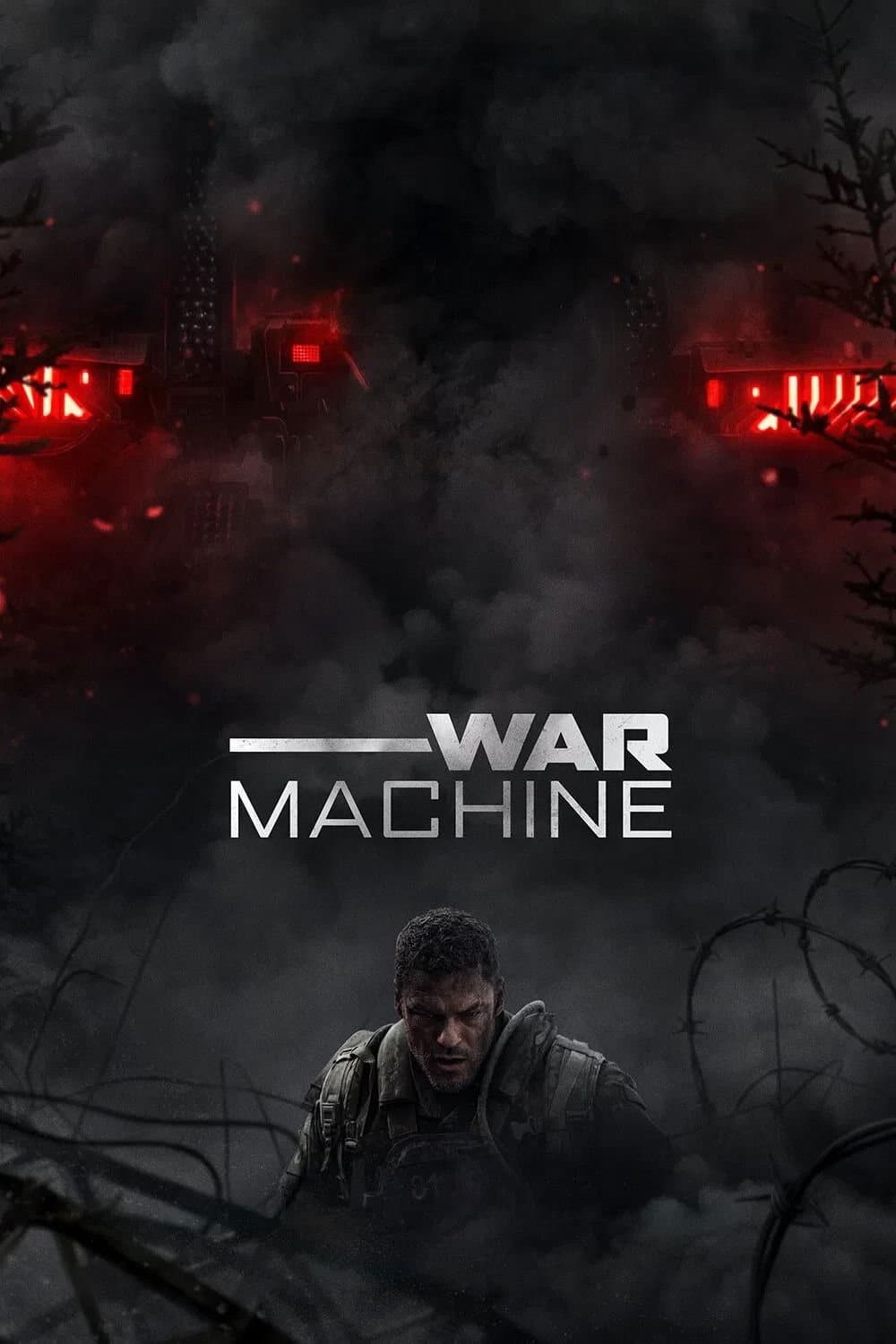 Poster for War Machine: a soldier crouched in smoke beneath red lights.