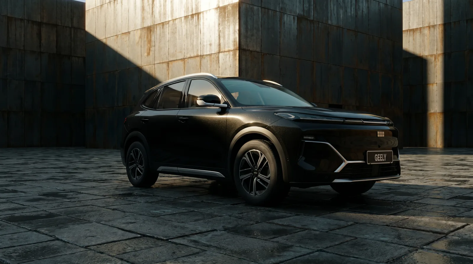 烈日下，粗野主义混凝土庭院中的一辆黑色 SUV